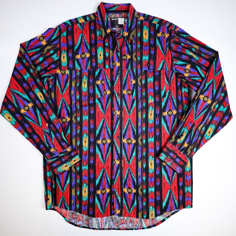Frontier Series Button Down Mens LG Tall Aztec Southwest Vintage Long Sleeve 90s